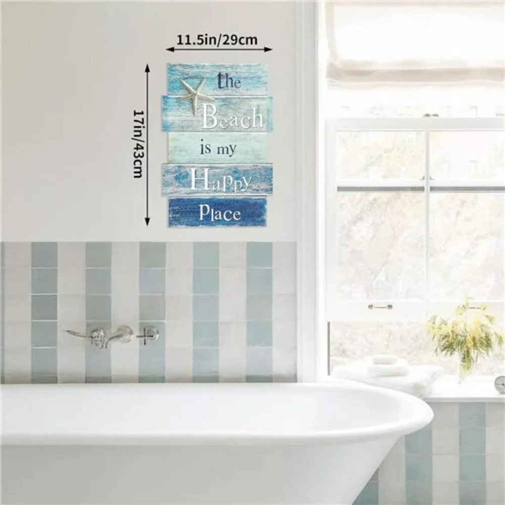 Coastal Beach Wall Art Wooden Sign Starfish Ocean Decor for Bathroom Bedroom